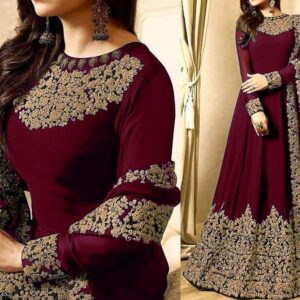 Embroidered Maroon Chiffon Maxi
