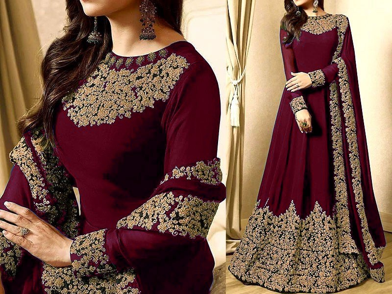 Embroidered Maroon Chiffon Maxi