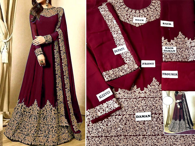 Embroidered Maroon Chiffon Maxi - Image 2