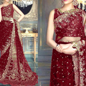 Designer Embroidered Maroon Chiffon Saree