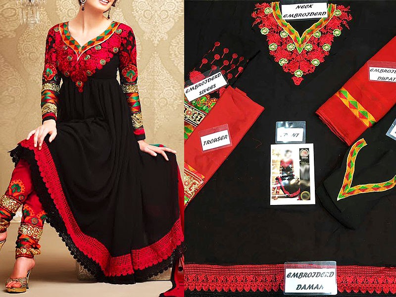 Embroidered Black Chiffon Frock - Image 2