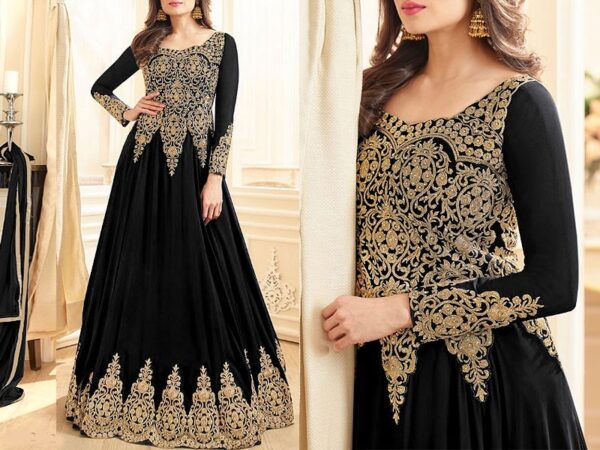Embroidered Black Chiffon Maxi Dress