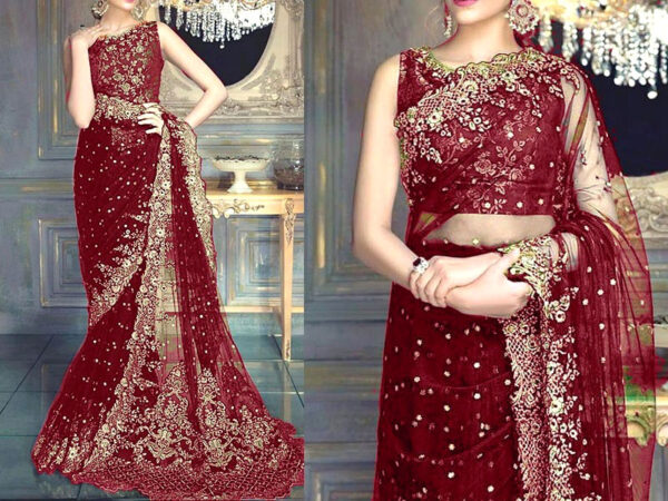 Designer Embroidered Maroon Chiffon Saree